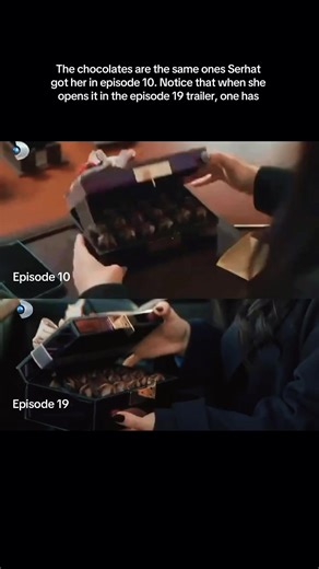 The chocolates are the same ones Serhat got her in episode 10. Notice that when she opens it in the episode 19 trailer, one has already been eaten. I don’t think Serhat bought her more chocolates. I think he picked her up from work, and she brought the chocolates with her. Maybe she offers him one as a way of saying, “I know you’ve been stressed lately I thought you could use some chocolate too.” … You can also tell by his reaction.. #GüllerveGünahlar #zeyser #cemrebaysel #muratyıldırım #fyp