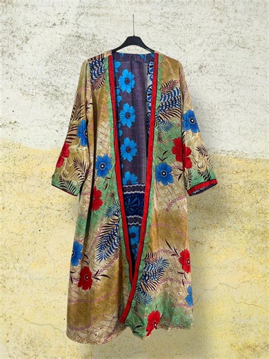 Kimono long réversible en soie pour femme, kimono exclusif en soie recyclée, robe élégante, kimonos à imprimés ethniques, kimono de yoga pour femme - Etsy France