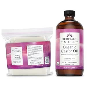 HERITAGE STORE Organic Castor Oil Pack Wrap Kit - Soothing Packs - Heat Compress for Abdomen & Joints - 16oz Organic Oil, 13 x 15 in. Cotton Flannel Cloth