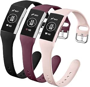 GEAK Compatible with Fitbit Charge 3/4 bands for Women, Slim Soft Silicon Replacement Band Compatible with Fitbit Charge 3/Charge 3 SE/Charge 4 Bands Men,Small Black/Sand Pink/Wine Red
