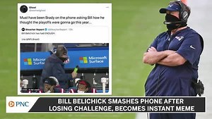 1.9K views | Bill Belichick’s frustrated 'phone throw' during the Patriots' loss to the Bills on Monday Night has created a new meme that is taking the internet by storm. https://nesn.com/shows/pnc-bank-sports-corner/ | NESN | Facebook
