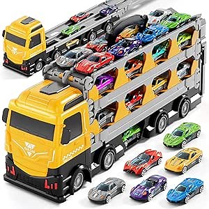 78-Inch Cars Trucks Toys for Toddler 1-3 2-4 3-5 4-7 Years Old Boys Kids, Transport Truck Toy with 24 Pcs Die-Cast Cars, Toys Gifts for 3 4 5 6 Year Old Boy, Toddler Boy Toy Ages 3-5 4-7
