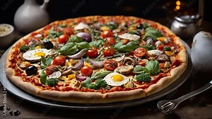 A pizza with pineapple and ham toppings sits on a wooden board. The pizza is topped with a basil leaf, which adds a touch of freshness to the dish. The pizza is ready to be served and enjoyed