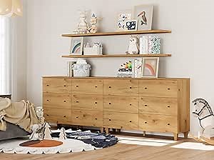 WAMPAT 12 Drawer Wood Dresser for Bedroom, 2-in-1 Extra Wide Chest of Drawers, Modern Storage Organizer Units with Solid Wood Legs for Closet, Living Room, Kids Room, Nursery, Oak Brown, 94.4"