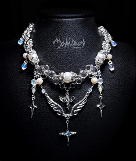 Morning Star Necklace—chainmail Handmade Beaded Pendant Celestial Pearl Crystal Winged Angelic Kawaii Choker - Etsy