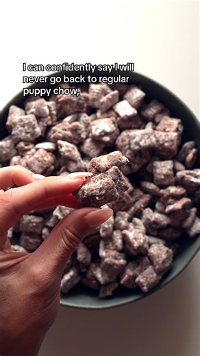 Omg, this is a treat to behold! 😍 We call this “Extra Good Puppy Chow” and I’m sorry to be dramatic, but it is the ONLY way to make puppy chow. These are the amounts: 10 cups rice chex (full standard box) 2 cups semisweet choc chips 1 cup peanut butter 1/2 cup salted butter 2 teaspoons vanilla pinch of salt if you want 2 cups powdered sugar Melt chocolatey stuff, coat cereal, and toss it up in a paper bag w/ powdered sugar. Search “pinch of yum puppy chow” for the full recipe. Note: This is a s