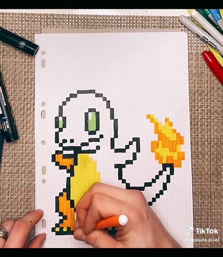 Salamèche en pixel : Tutoriel facile de dessin
