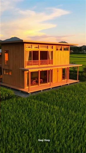 modern wooden and brick residence glowing softly amidst the rice fields #relexation #deepsleep