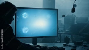 Man at computer in dark room, glowing screen with technological interface.