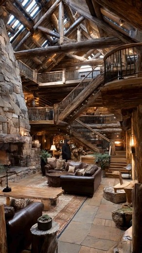 Next-Level Log Cabin Living 🪵✨ This breathtaking lodge interior is straight out of a mountain dream—towering timber beams, a massive stone fireplace, cozy leather seating, and those winding staircases? Total rustic masterpiece. If you love log cabin aesthetics with a touch of drama, this is it! 🏔️🔥 #LuxuryCabin #RusticDreamHome #LodgeGoals | Courtney's World