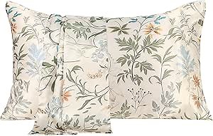 MANSPHIL Sage Green Mulberry Silk Pillow Cases Standard - Farmhouse Floral Printed 22 Momme Silk Top with Satin Underside Pillowcase for Hair and Skin, Envelope Closure, 1PC