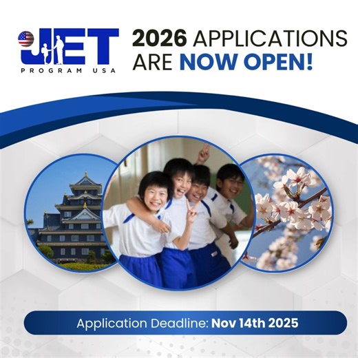 Consulate-General of Japan in Chicago on Instagram: "✈️ Your Japan adventure starts NOW! The 2026 JET Program Applications are officially OPEN! This is your chance to turn your dream of living and working in Japan into reality. Spend a year (or more!) immersing yourself in a new culture as a cultural ambassador and English teacher. Don't wait to start the journey of a lifetime! Head to🔗jetprogramusa.org to learn more about the program and application timeline, and visit🔗jetapplication.com to s