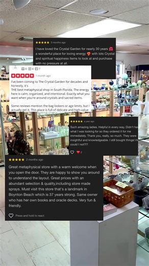 💕 Your experiences and stories are the heartbeat of The Crystal Garden— Thank you for trusting us to be part of your journey. Stop by to shop in person at The Crystal Garden or browse online at TheCrystalGarden.com 🕚 We're open Monday - Thursday 11 am - 5 pm Friday 11 am – 4 pm Saturday 12 noon – 4 pm Sunday 12 noon - 4 pm 📍We're located at 2610 N Federal Hwy Boynton Beach, FL 33435 3 blocks north of Gateway Blvd on the east side of Federal Hwy #thecrystalgarden #crystalshop #southflorida #re