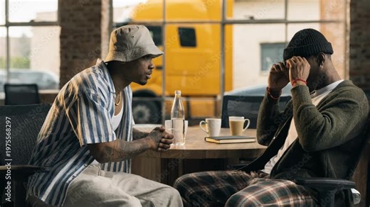 Medium shot of a specialist explaining invoice factoring benefits with blurred office background focusing on the clients attentive expression in a trucking company setting.