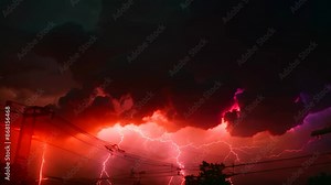 Thunderstorm with lightning bolts striking the sky over an urban cityscape, Electric bolts crackling through a stormy sky