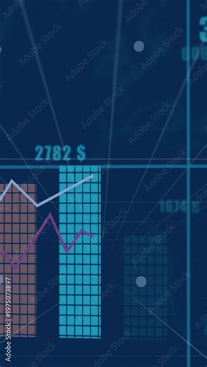 Vertical video: Opening starting grid bars rising lines moving money labels updating market trend
