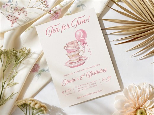 Tea for Two Birthday Invitation Template, Toddler 2nd Birthday Girl Invite, Editable Coquette Pink Birthday Invite, Vintage Tea Party Theme - Etsy