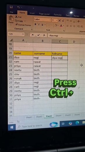 flash fill-full name ⚡💻in excel#exceltips #keybordshortcuts #exceltutorial