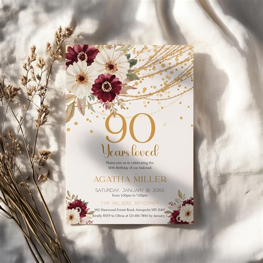 Floral 90 Years Loved Invite, Maroon and Gold 90th Birthday Invitation for Women, Party Invitations for Woman, Editable Canva Template CB106 - Etsy.de