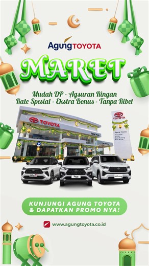 Sebelum mudik pas banget nih kalo kamu mau ganti mobil baru, karena Agung Toyota punya program MARET: Mudah DP, Angsuran Ringan, Rate Spesial. Dijamin banyak bonusnya dan ngga pake ribet deh. Yuk jadwalin test drive dan konsultasi kamu sekarang di cabang Agung Toyota Jambi Pal 10! #promotoyota #agungtoyota #toyotaindonesia #happywithagungtoyota #agungtoyotajambipal10