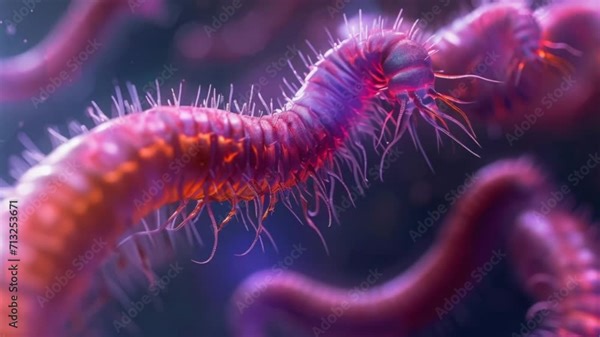 Big pink worms inside human body. Intestinal parasitic helminths. Vermin infection under microscope. Dangerous toxic bacteria closeup. Many microbes. Viruses annelides. Annelid worm close up.