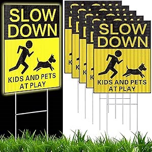 Fumete 6 Pack Reflective Slow Down Signs Kids and Pets at Play Safety Yard Signs with Stakes Double Sided 15 x 12'' High Visibility Caution Sign Children Playing for Neighborhood Driveway Yard(Yellow)