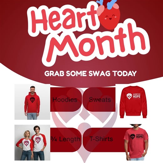 ❤️ It’s Heart Health Month — let’s wear our hearts LOUD. ❤️ This February, rocking red swag from Aortic Hope isn’t just a fashion statement—it’s a 𝗹𝗶𝗳𝗲-𝘀𝗮𝘃𝗶𝗻𝗴 𝗰𝗼𝗻𝘃𝗲𝗿𝘀𝗮𝘁𝗶𝗼𝗻 𝘀𝘁𝗮𝗿𝘁𝗲𝗿. Aortic disease often strikes without warning, and too many people don’t know the signs until it’s critical. ❤️Awareness matters. Visibility matters. 𝗬𝗢𝗨 matter. When you wear red, you help: 🔴 Spark conversations about aortic disease 🔴 Honor survivors and remember those we’ve lost 🔴 S