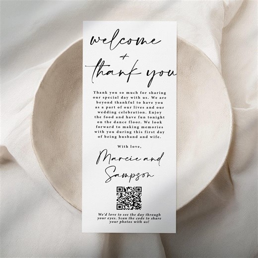 Wedding Thank You Place Card Printed, Qr Code Photo Sharing, Plate Reception Welcome, T161 - Etsy