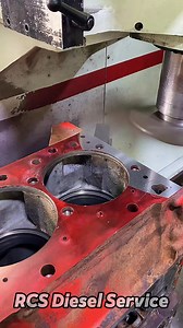 Cummins ISX DOHC CM870 Engine Block getting resurfaced. Two passes, totaling.006”, leaving .002” left on deck height. We took .006” to allow us to correctly cut the counterbores (which had been hacked by someone doing an in-chassis I’m sure years ago). Counterbores set to high side of factory specification, no shims needed. (Side note; this customers mechanic, Jeff, I went to diesel trade school with 20 years ago) #cummins #cumminspower #cumminsdiesel #diesel #dieselmechanic #mechanic #cncmachin