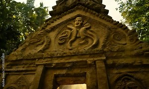 The Art of Ancient Architecture, a cinematic walkthrough of an ancient, abandoned temple, transitioning smoothly between detailed close-ups of intricate stone carvings, towering columns,