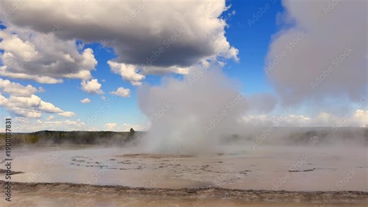Fountain Geyser in Yellowstone National Park erupting in clouds of steam and jets of boiling water