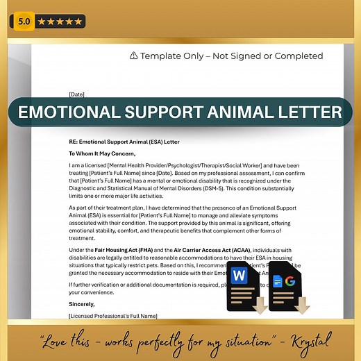 Emotional Support Animal Letter, ESA Housing & Travel Accommodation Template, Companion Pet Authorization (editable Word, Google Docs) - Etsy