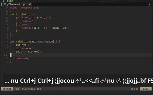 用 nvim   cpp 解斐波那契数列（纯 coding）