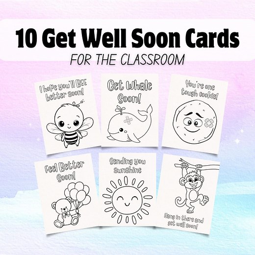 10 Printable Get Well Coloring Cards, Feel Better Soon Keepsake Note Cards, Print at Home Greeting Cards for the Classroom, Digital Download - Etsy