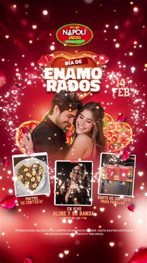 Ven a divertirte a 🍕Napoli Pizza 🍕 con tu ❤️enamorad@ y llévate shots🥃y postre 🍰de regalo. El 🎤show de Aline y su banda🎤 (solo se presenta en la Sucursal San Ángel) las demás promociones aplican en sucursales Desierto y San Ángel 📍Suc. Desierto: Av. Desierto de los leones 5383 Col. Alcantarilla, Alcaldía Álvaro Obregón 📍Suc. San Ángel: Av. La Paz 14 Col. San Ángel, Alcaldía Álvaro Obregón #amor #amor❤️ #14defebrero #amordemivida #pizza