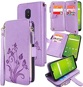 Lacass [Cards Theft Scan Protection] 10 Card Slots Holder Zipper Pocket Wallet Case Flip Leather Cover Wrist Strap Stand Pouch for Cricket Icon 3 / At&t Motivate 2 / Cricket Splendor(Floral Purple)