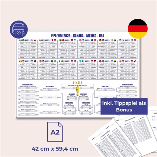 FIFA WM 2026 Spielplan auf deutsch inkl. Tippspiel - Fifa Weltmeisterschaft 2026 Poster zum ausdrucken PDF - A2 und A3 - Fußball Plan - Etsy.de
