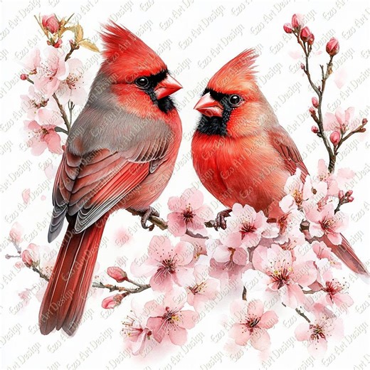 Cardinal Couple Art Clipart, 10 High Quality JPG, Spring Blossoms, Watercolor Birds, Lovebirds Perched - Etsy