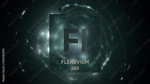 Flerovium as Element 114 of the Periodic Table. Seamlessly looping 3D animation on green illuminated atom design background with orbiting electrons. Design shows name, atomic weight and element number