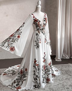 Boho Floral Wedding Dress Cape Sleeve Embroidered Dress Wedding Colorful Wildflower Wedding Gown Hippie Long Wide Sleeve Bridal Dress Fairy - Etsy