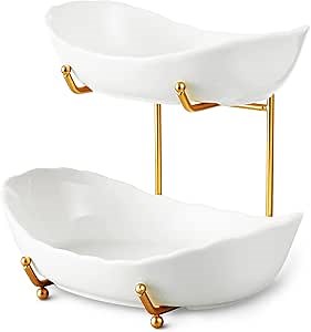 2 Tier Ceramic Fruit Bowl for Kitchen Counter, Tiered Fruit Basket for Countertop, Modern Multi Layer Fruit Display Stand for Party, Cute & Small (Gold&White)