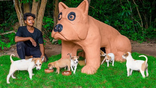 How one man built a mud dog house for rescued puppies in adorable pug style