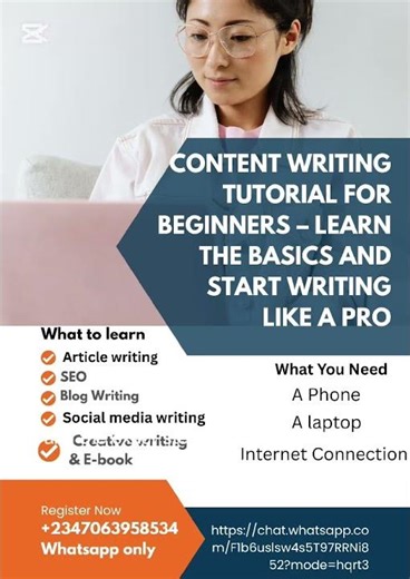 Content Writing Tutorial for Beginners https://chat.whatsapp.com/F1b6uslsw4s5T97RRNi852?mode=hqrt3