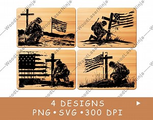 Soldier Kneeling Cross American Flag Honor Tribute Laser File Coaster Burn Black White PNG SVG Wood Board Image Glowforge Vector Charcuterie - Etsy