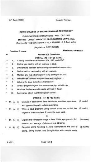 Object Oriented Programming by using Java Question Paper
