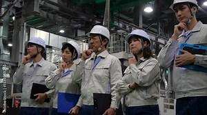 工場の中で考える作業員のグループ