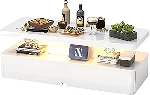 40" W LED Coffee Table, 18" D x 40" W x 16" H Modern Coffee Table with 16 Colors Lights and 2 Tier Storage Space, Coffee Table for Living Room, Reception Room, White
