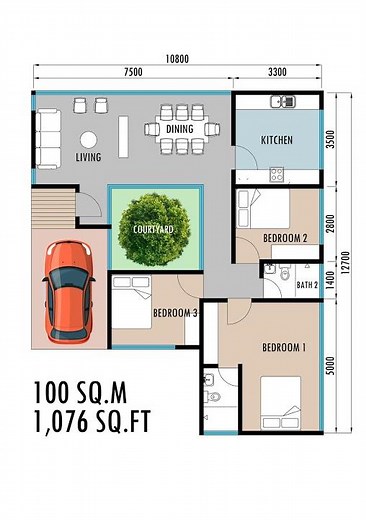 Modern Tropical House Design (100 sqm) | 3 Bedrooms + Central Courtyard + Floor Plan