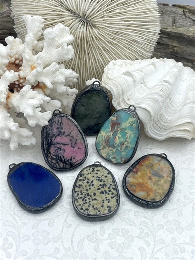 Soldered Natural Stone Pendants, Oval Stone Pendants With Gunmetal Soldering, Comes in 6 Different Natural Stone Varieties, Fast Ship. - Etsy