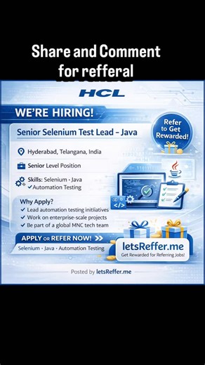 let_refer on Instagram: "🚀 HIRING ALERT | HCL Technologies Ready to lead automation at scale? HCL Technologies is looking for a Senior Selenium Test Lead – Java to drive quality engineering on enterprise projects. 📍 Location: Hyderabad, Telangana 👨‍💻 Level: Senior 🧠 Skills: Selenium | Java | Automation Testing ✨ Why this role? • Lead high-impact automation initiatives • Work on large-scale, real-world systems • Be part of a global MNC tech ecosystem 🤝 Know someone perfect for this role? Re